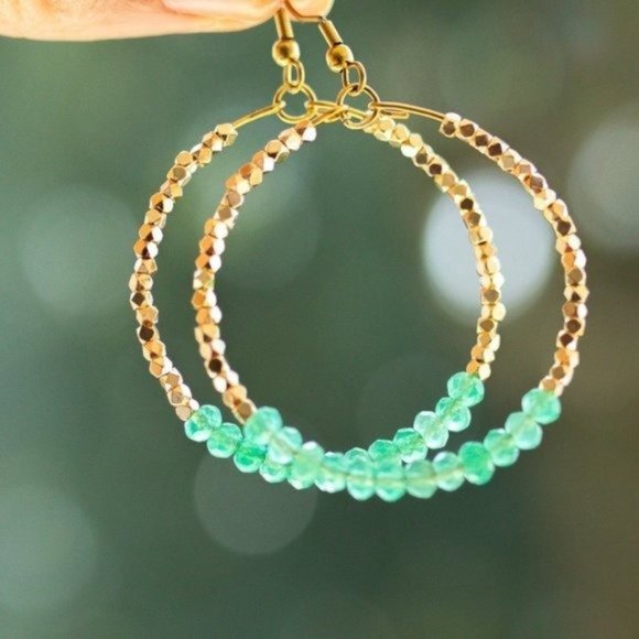 BUNDLE EARRING AND NECKLACE Green Aventurine Sparkly hoops half paperclip chain - Picture 11 of 16